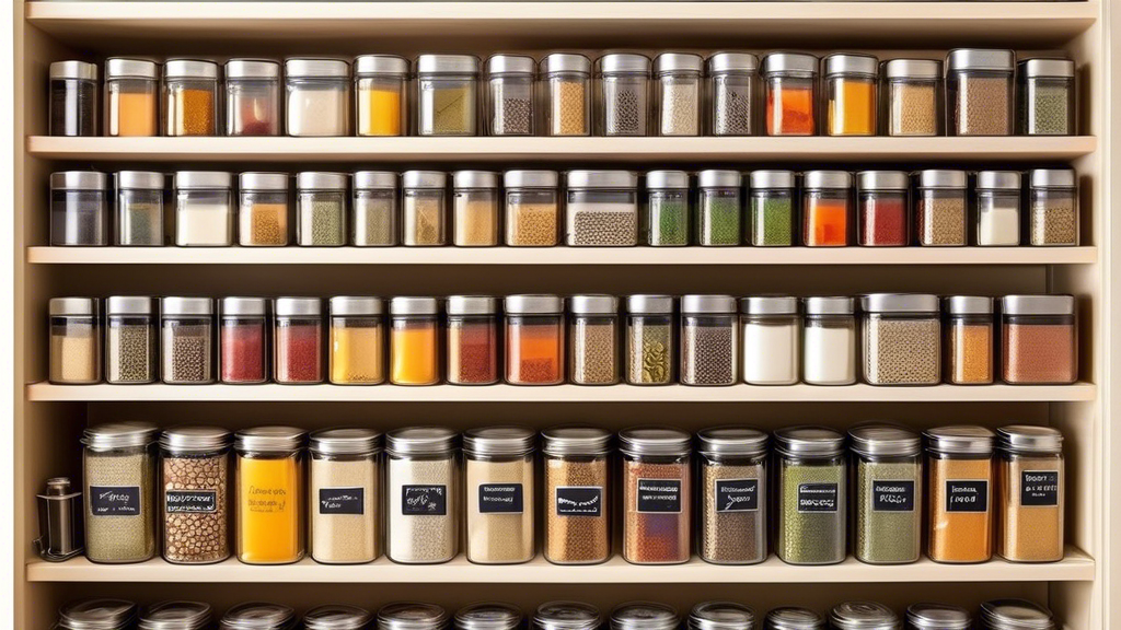 Create an image of a beautifully organized kitchen pantry shelf filled with stackable spice containers in various sizes and colors. The containers should be neatly stacked to maximize space and showcase the efficiency of using stackable containers fo