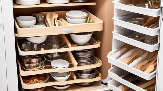 Create an image of a clutter-free pantry with stackable utensil trays fully utilized to maximize space. Show various trays neatly stacked with utensils, cutlery, and kitchen tools organized in a space-efficient manner. Make sure to highlight the effi