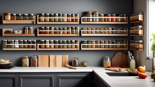 Create an image of a beautifully organized kitchen with various innovative wall-mounted spice rack ideas showcased. Showcasing a mix of different designs, materials, and configurations that make the most out of vertical space while adding style and f