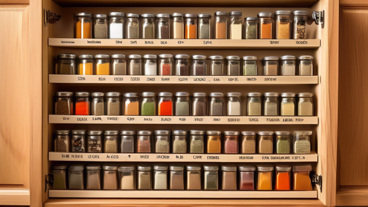 Create an image of a kitchen cabinet with a built-in spice rack insert, showcasing a variety of spices neatly organized and easily accessible. The image should highlight the convenience and functionality of a cost-effective solution for organizing an