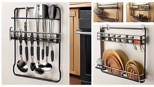 Please create an image of a modern and innovative under cabinet utensil storage rack that saves space in small kitchens. The design should be sleek and stylish while incorporating multiple holders for various utensils such as spatulas, ladles, and wh