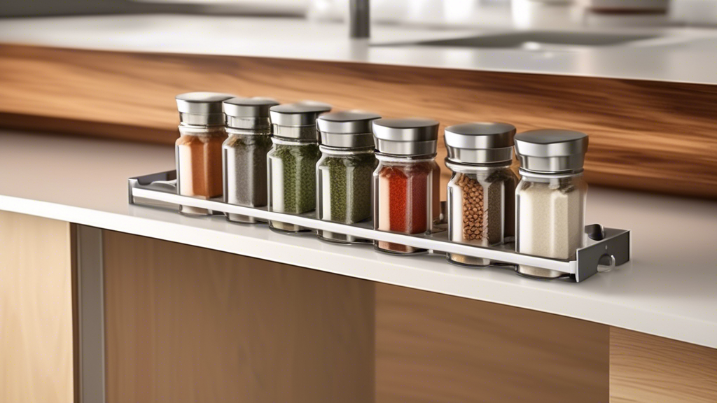 Create an image of a modern kitchen with a sleek and functional under-cabinet spice rack installed. The image should showcase the spice rack neatly holding various spices and herbs, making it easy to access and adding a practical and stylish organiza