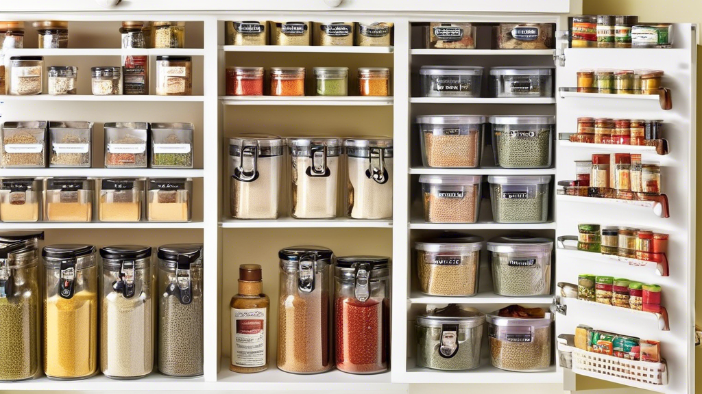 Create an image of a neatly organized pantry door with various budget-friendly spice rack organizers in use. Show a variety of organizers, such as hanging shelves, magnetic spice tins, or tiered racks, showcasing different sizes and styles to fit a r