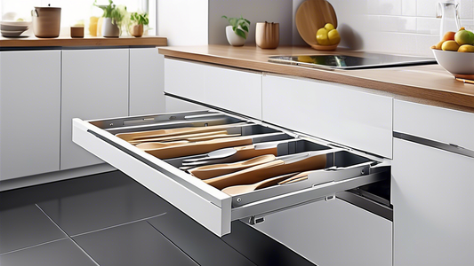 Create an image of a sleek and efficient sliding cutlery tray, designed with a soft-close function for seamless organization and storage in a modern kitchen setting. Capture the tray in a fully extended position, showcasing its practicality and innov