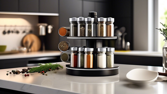 Create an image of a modern, compact kitchen with a sleek top rotating spice rack placed on the counter. The kitchen should have limited counter space but be well organized, with the spice rack showcasing a variety of neatly arranged spices in small 