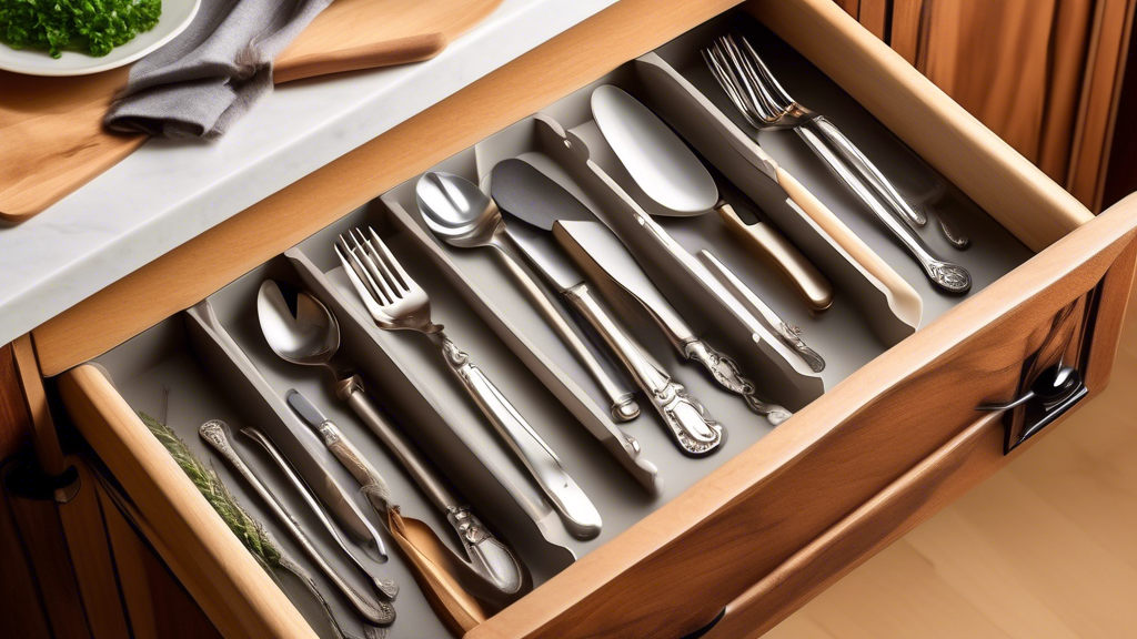 Create an image of a well-organized kitchen drawer with an adjustable silverware tray in place. The tray should neatly hold knives, forks, spoons, and other utensils in separate compartments, showcasing the efficiency and convenience of using an adju