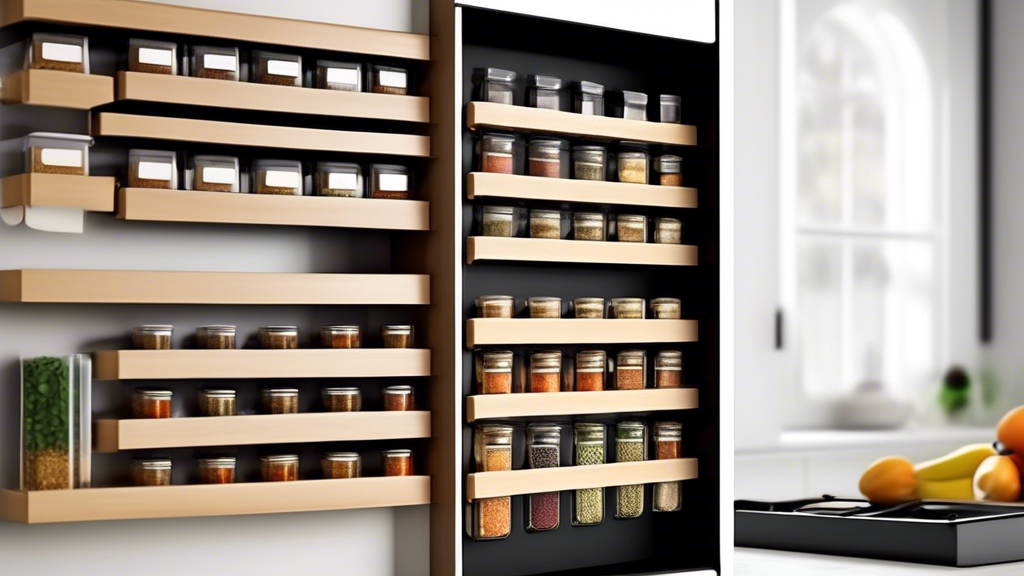 Create an image of a modern kitchen with a convenient sliding spice rack built into the cabinets or pantry. Showcase a variety of spices neatly organized and easily accessible on the rack, demonstrating its practicality and efficiency in a stylish ki