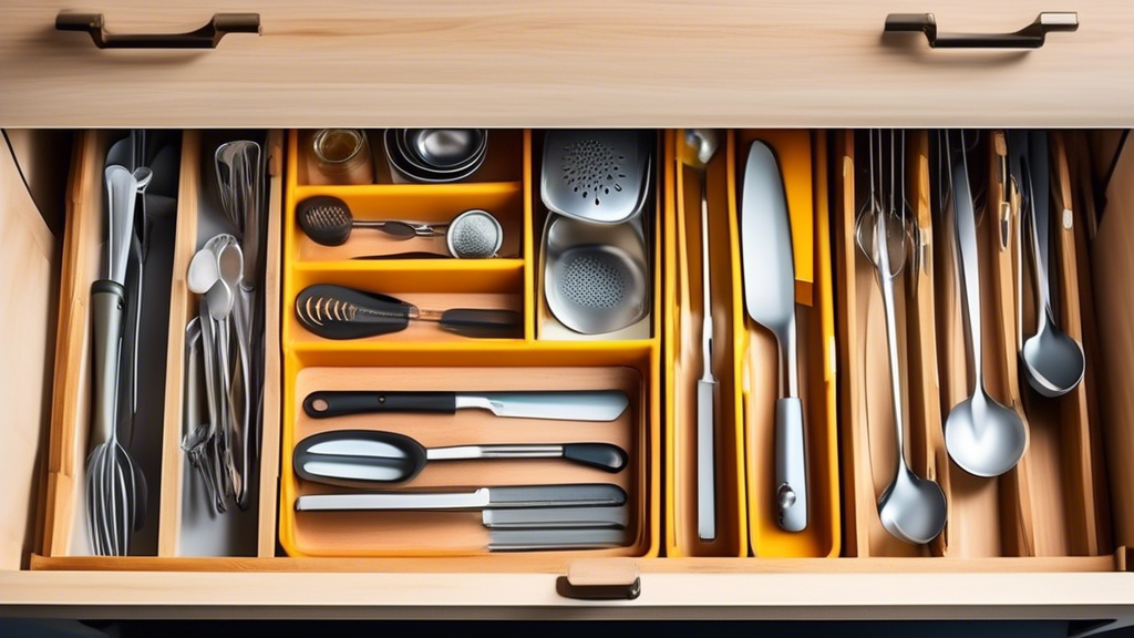 Create an image of a compact drawer filled with various kitchen utensils neatly organized in adjustable utensil racks, showcasing the convenience and efficiency of utilizing space-saving solutions for small drawers.