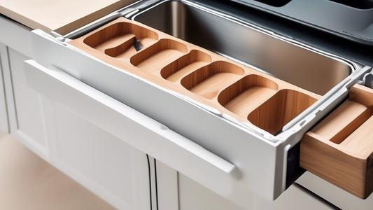 Create an image of a compact and efficient utensil box designed specifically for small RV kitchens, showcasing innovative storage solutions for various kitchen tools and utensils. The image should illustrate the box being used in a limited space envi