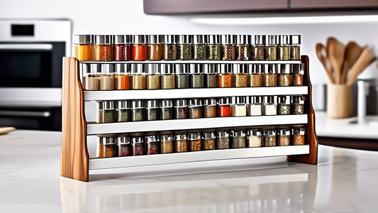 Create an image of a sleek and modern kitchen with countertops full of various spices neatly organized in the top 10 adjustable tier spice rack stands. The image should showcase the different tiers of the spice racks, each filled with colorful spices