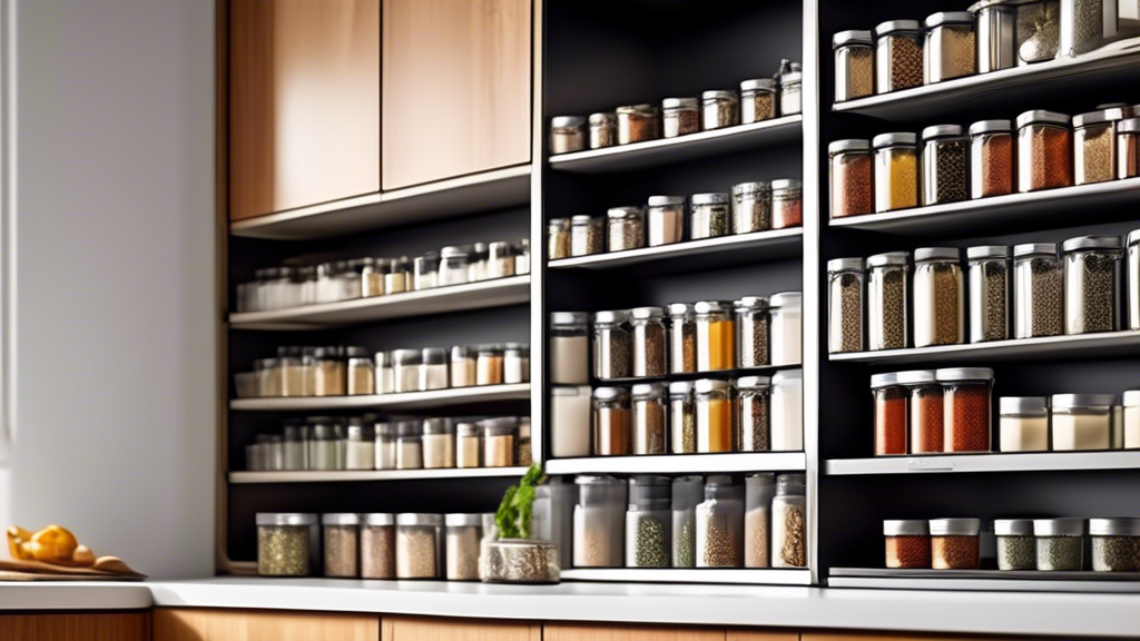 Create an image of a well-organized and space-efficient spice rack tower system in a modern kitchen setting. Show multiple tiers of shelves neatly holding various jars and containers of spices, with labels visible and easily accessible. The design sh