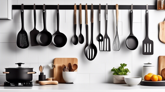 Create an image of a modern kitchen with a vertical storage solution of a magnetic utensil strip on the wall, showcasing various kitchen utensils displayed neatly and easily accessible. The design should be sleek and minimalist, highlighting the conv