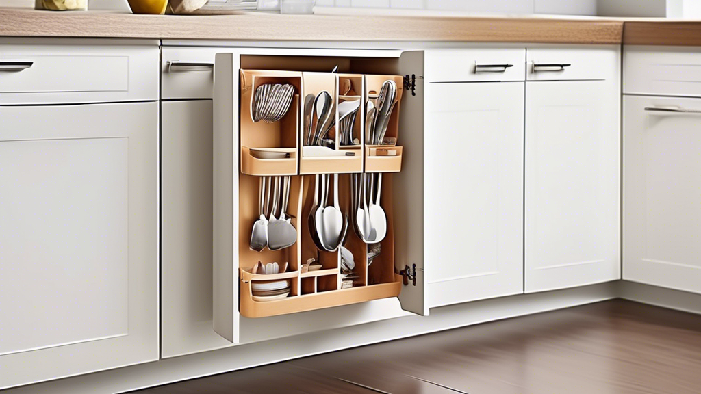 Create an image of a spacious and organized kitchen with a sleek over-the-door cutlery caddy storage solution. The caddy should be elegantly designed, with compartments for knives, forks, spoons, and other kitchen utensils neatly arranged. The kitche