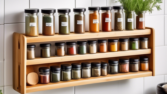 Create an image of a beautifully organized kitchen counter with a sleek and modern bamboo spice rack shelf, neatly displaying an array of colorful spice jars and bottles. The spice rack is elegantly designed with multiple tiers, making it easy to acc