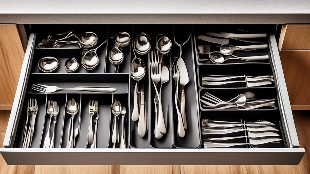 Create an image of a kitchen drawer filled with assorted cutlery neatly and efficiently organized using top dividers, maximizing space and ensuring easy access to all utensils.