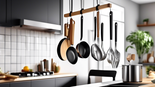 Create an image of a modern and clever hanging utensil holder in a stylish kitchen setting, showcasing how it conveniently stores various utensils within easy reach for cooking and meal preparation. The design should be sleek and space-saving, making