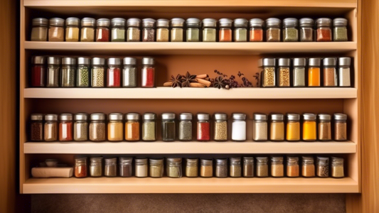 Create an image of a compact spice shelf suitable for an RV kitchen, featuring multiple tiers for organizing spices and a space-saving design. The shelf should be shown mounted on a wall or placed on a counter in a mobile kitchen setting, with variou