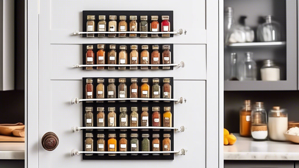 Create an image of a beautifully organized pantry door filled with a variety of spices in a sleek and handy over-the-door spice organizer. Each spice bottle perfectly labelled and easily accessible, showcasing efficiency and aesthetic appeal in kitch