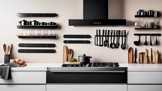 Create an image of a sleek, modern kitchen with a variety of innovative utensil organizers displayed in an organized and stylish manner. Include storage solutions such as magnetic knife racks, drawer dividers, hanging hooks, and stackable containers 