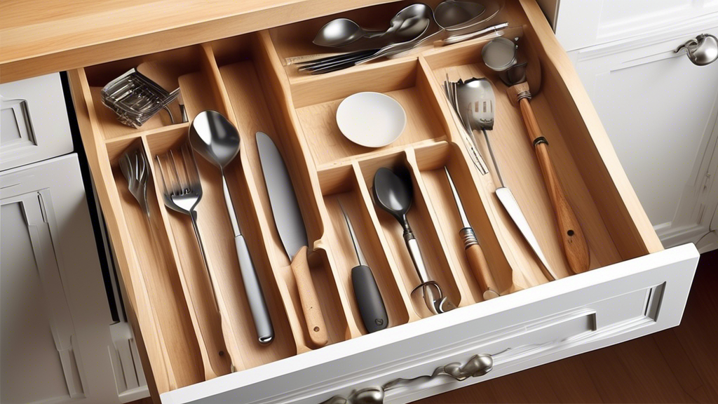 Create an image of a custom drawer organizer designed specifically for utensils, showcasing its efficient use of space and ability to neatly arrange various types of kitchen utensils in a clutter-free manner. The image should highlight the different 