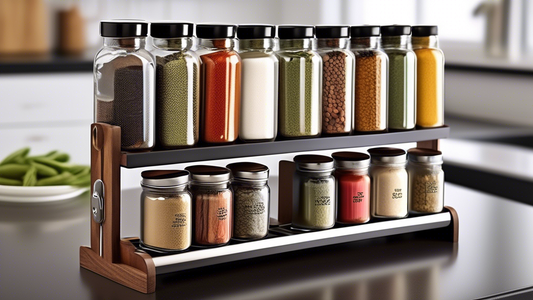 Create an image of a kitchen counter featuring an adjustable tier spice rack stand that is elegantly organized with various jars and bottles of spices. The spice rack should be sleek and modern in design, showcasing its functionality and space-saving