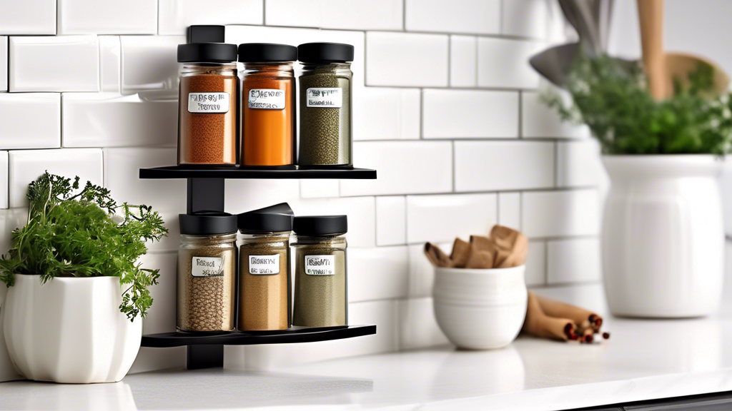 Create an image of a stylish and functional corner spice rack shelf in a modern kitchen setting. The image should showcase the convenience and organization that this type of shelf can provide, with a variety of neatly arranged spices and herbs on dis