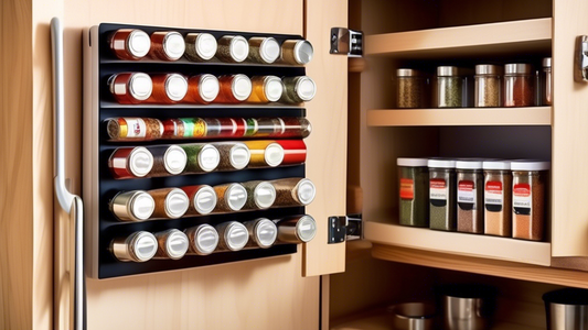 Create an image of a compact and innovative space-saving spice rack specifically designed for an RV kitchen. The spice rack should be mounted on a wall or inside a cupboard, showcasing its practicality and efficiency in maximizing limited space in a 