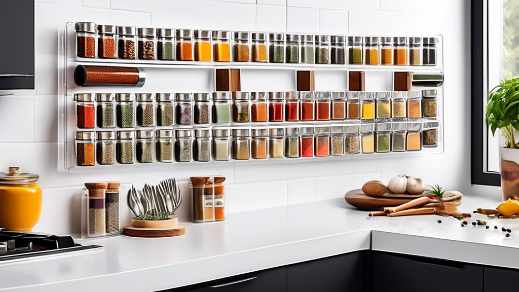 Create an image of a stylish and organized kitchen featuring a wall-mounted clear acrylic spice rack filled with a colorful variety of spices and herbs. The spice rack should be elegantly designed and easily accessible, showcasing the perfect combina