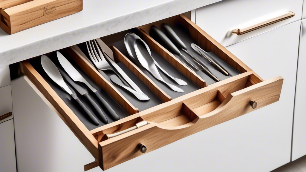 Create an image of a personalized cutlery organizer that is both stylish and practical, showcasing different compartments for various types of cutlery such as forks, knives, and spoons. The organizer should have a sleek design with customizable eleme