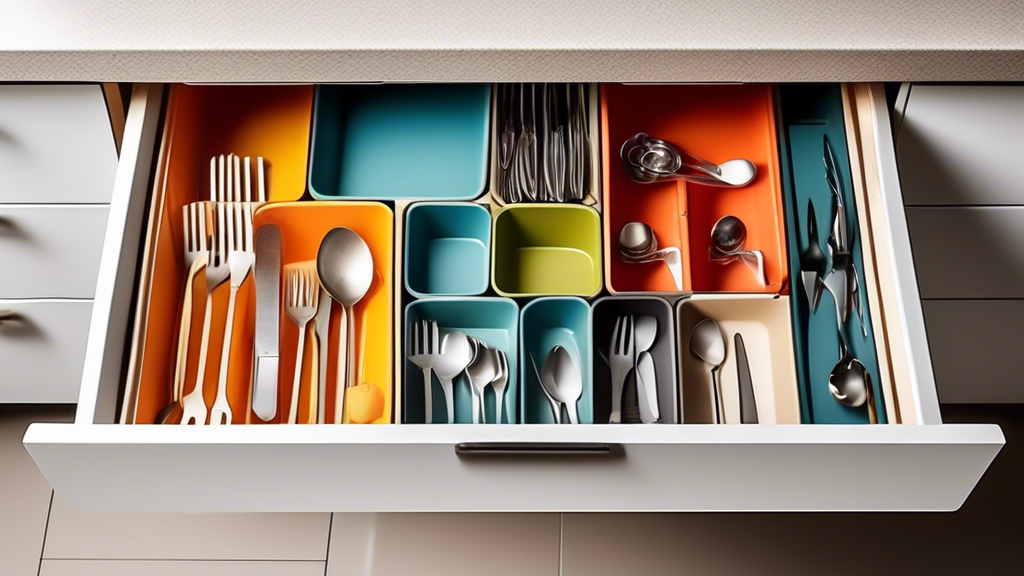 Create an image of a kitchen drawer or utensil holder showcasing various cutlery storage solutions, such as divider trays, magnetic strips, and drawer organizers, all neatly arranged to demonstrate a well-organized kitchen.