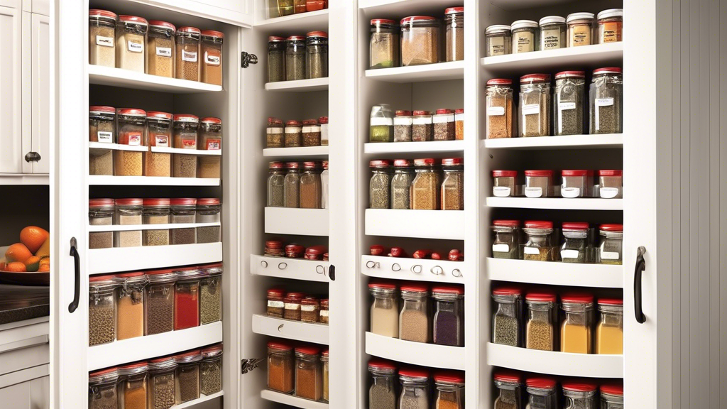 Create an image of a well-organized pantry with a wire spice rack installed to efficiently utilize the space. Showcase the various jars and containers neatly arranged on the rack, maximizing storage capacity and making it easy to access different spi