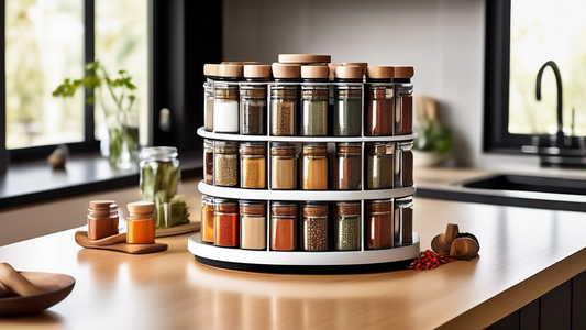 I need an image of a modern kitchen with a sleek, swivel spice rack carousel prominently displayed on the countertop. The spice rack should be filled with a variety of colorful and neatly arranged spice jars, showcasing organization and convenience i