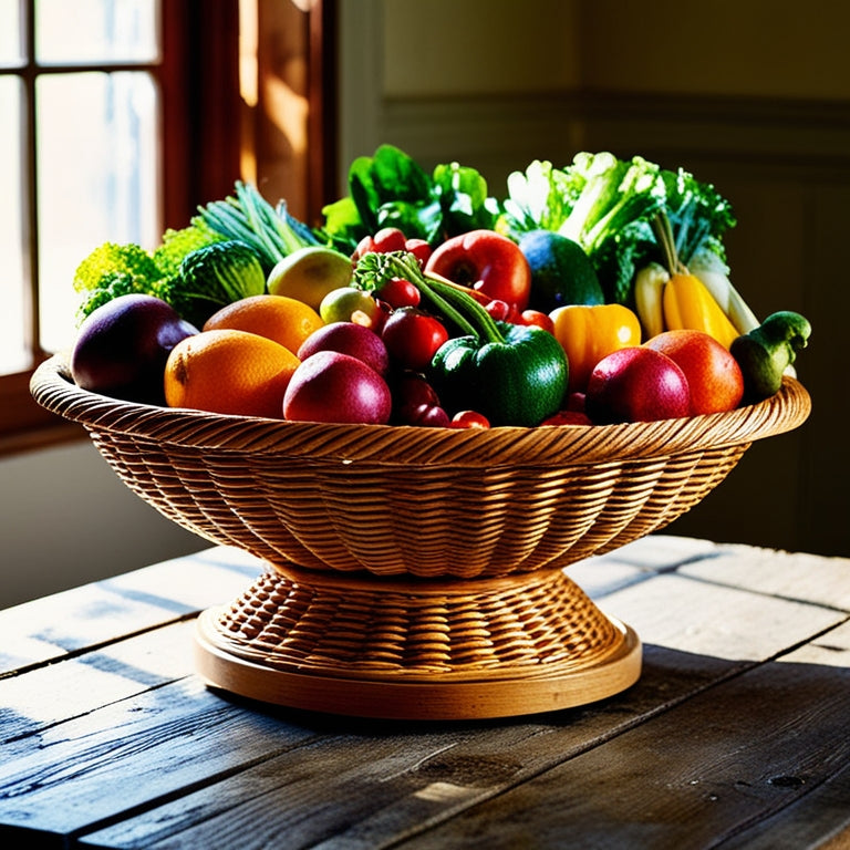 A beautifully arranged Lazy Susan basket overflowing with vibrant fruits and vegetables, set on a rustic wooden table. Sunlight filters through a nearby window, casting soft shadows and enhancing the colorful textures.