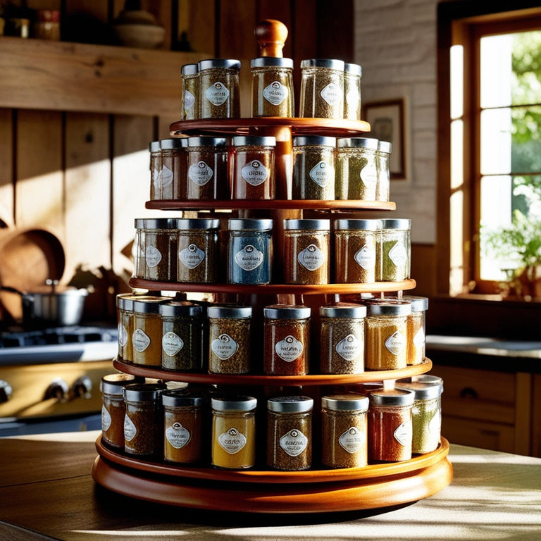 A beautifully arranged carousel spice rack with vibrant glass jars filled with colorful spices, set against a rustic wooden kitchen backdrop, sunlight streaming in, casting soft shadows and highlighting the rich textures.