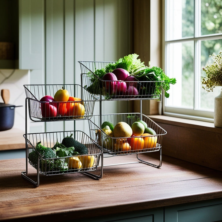 A beautifully arranged kitchen scene featuring sleek wire storage baskets filled with colorful fruits and vegetables, sitting atop a rustic wooden countertop, with soft natural light filtering through a nearby window.