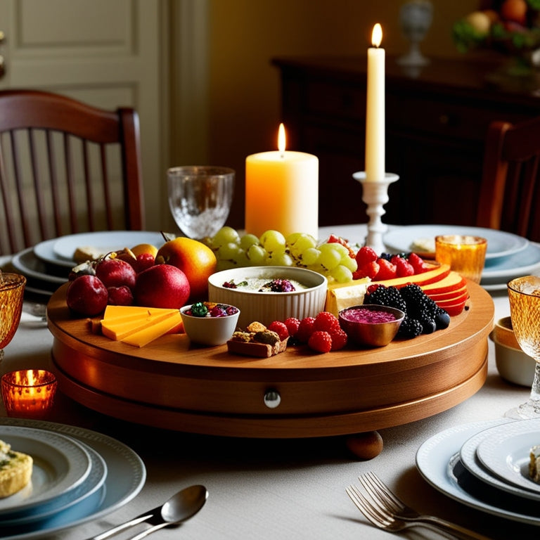 A beautifully arranged kitchen table featuring a wooden Lazy Susan, overflowing with vibrant fruits, artisanal cheeses, and colorful dips, surrounded by elegant dinnerware and soft candlelight, creating a warm, inviting atmosphere.