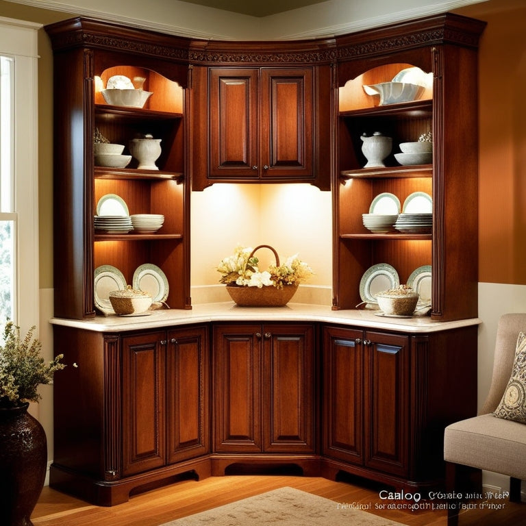 A beautifully designed corner cabinet with intricate woodwork, showcasing neatly arranged dishes and decorative items. Soft ambient lighting highlights the cabinet's curves, against a cozy room backdrop with warm, inviting colors.