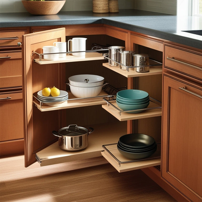 A beautifully organized blind corner cabinet showcasing innovative storage solutions, featuring pull-out shelves, lazy Susans, and neatly arranged kitchenware, all in a modern kitchen with warm wood tones and soft natural lighting.