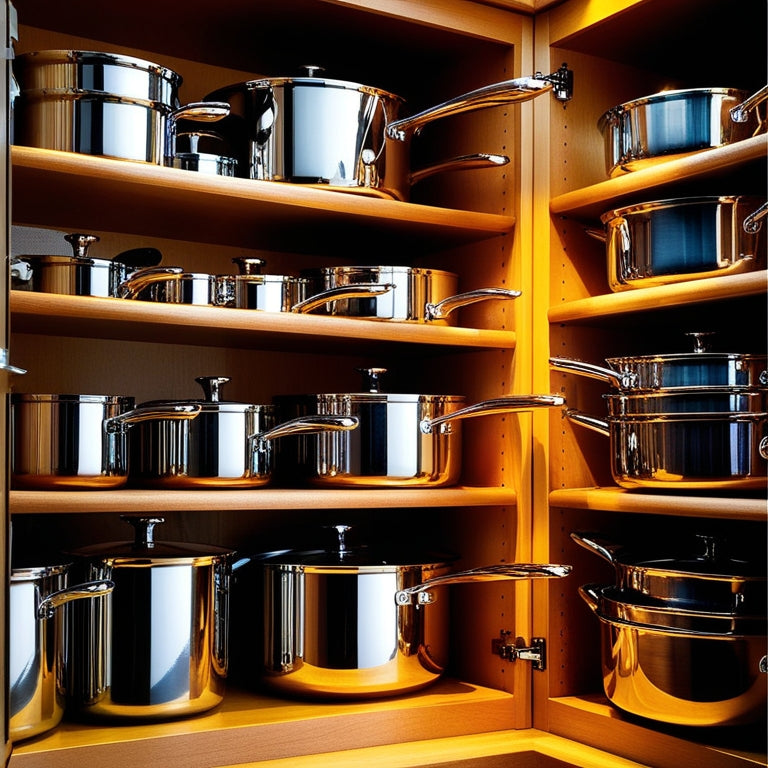 A beautifully organized kitchen cabinet filled with gleaming pots and pans, arranged by size and color. Wooden dividers create neat sections, while a warm, inviting light streams in, highlighting the metallic surfaces.