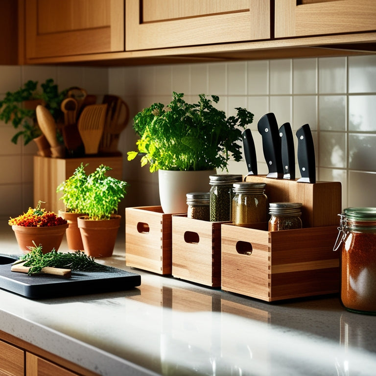 A beautifully organized kitchen countertop featuring stylish wooden storage crates, a sleek knife block, vibrant potted herbs, and glass jars filled with colorful spices, all bathed in warm, natural light.