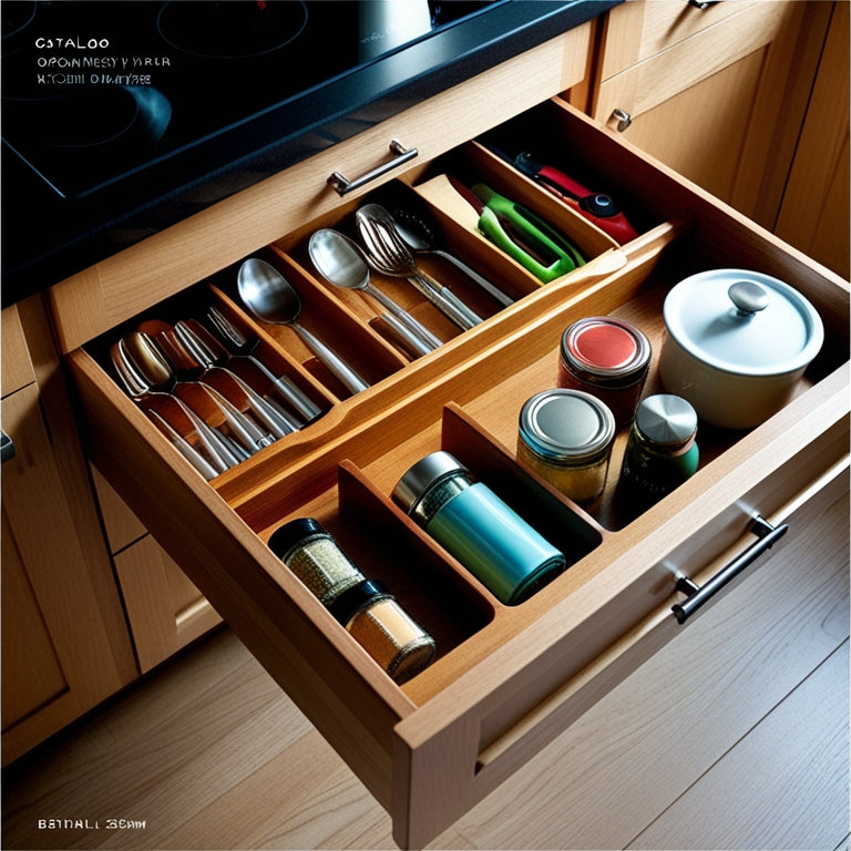 A beautifully organized kitchen drawer featuring neatly arranged utensils, spice jars, and colorful kitchen gadgets. Soft, natural light illuminates the polished wood surfaces, highlighting a harmonious blend of functionality and style.