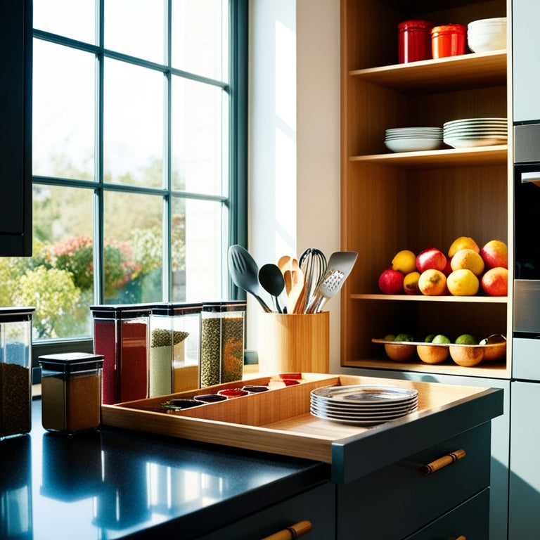 A beautifully organized kitchen featuring sleek, clear containers filled with colorful spices, neatly stacked utensils in a bamboo drawer, and vibrant fruits in a modern, open shelving unit against a sunlit window.