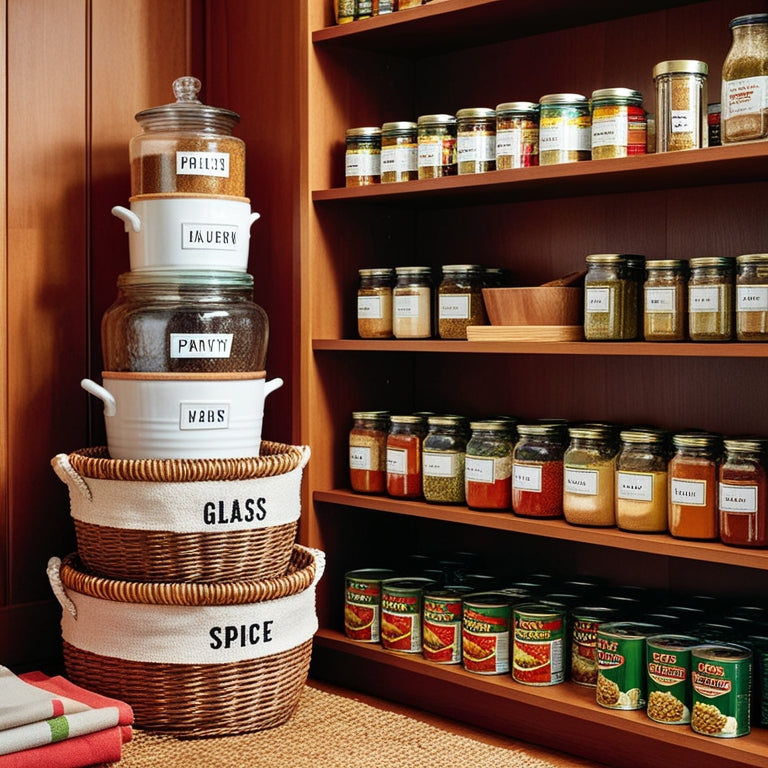 A beautifully organized pantry featuring labeled glass jars, stacked baskets, tiered shelving with vibrant spices, and neatly arranged canned goods, all set against a warm, inviting wooden backdrop and soft, natural lighting.