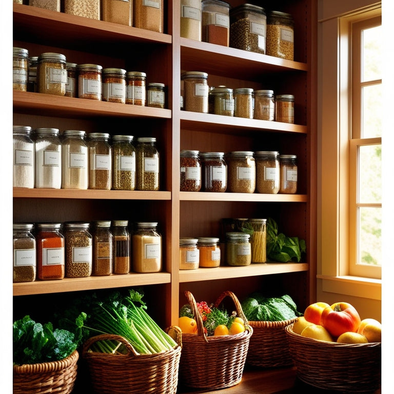 A beautifully organized pantry showcasing wooden shelving filled with labeled jars of grains, spices, and canned goods, alongside vibrant baskets of fresh produce, all illuminated by warm, natural light filtering through a window.