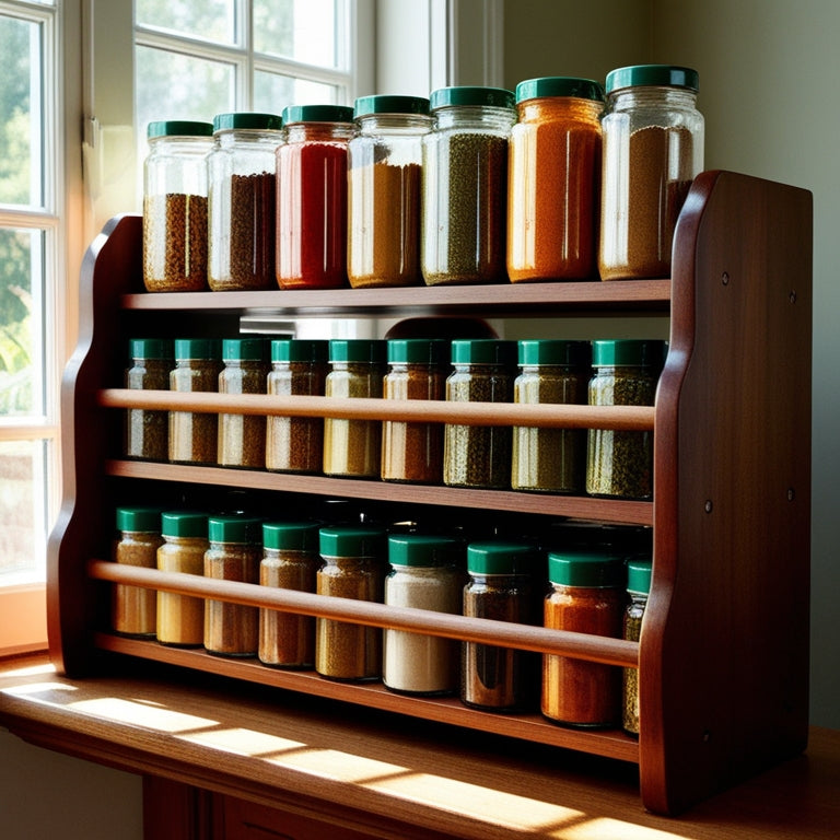 A beautifully organized spice rack, featuring an array of colorful glass jars filled with vibrant spices, neatly arranged on wooden shelves, with sunlight streaming through a nearby window, casting gentle shadows.