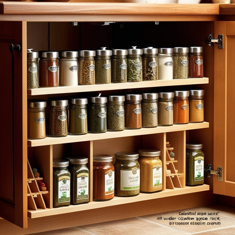 A beautifully organized under-counter spice rack showcasing an array of colorful spice jars, herbs in glass containers, and wooden dividers, all set against a warm, rustic kitchen backdrop with soft, natural lighting.