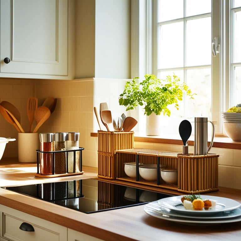 A bright kitchen scene featuring an elegant wooden countertop adorned with stylish metal and bamboo organizers, showcasing neatly arranged spices, utensils, and dishware, illuminated by warm sunlight streaming through a window.