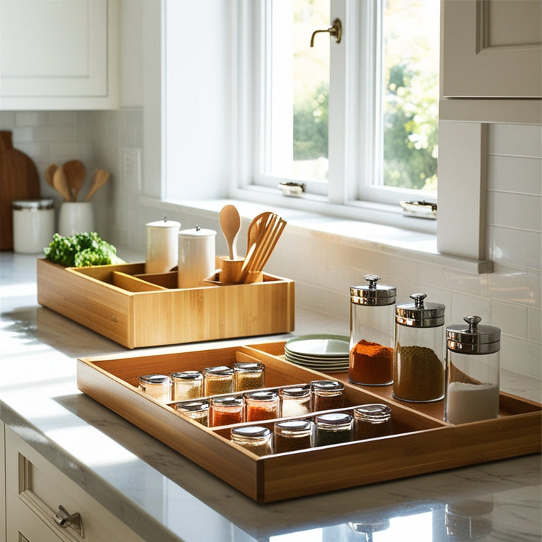 A bright kitchen scene showcasing stylish bamboo drawer organizers, ceramic utensil holders, and sleek glass containers filled with colorful spices, all arranged on a pristine marble countertop bathed in soft natural light.