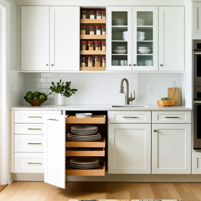 A bright, modern kitchen featuring neatly organized cabinets with labeled bins, tiered spice racks, pull-out trays, and stacked dishes, all showcasing a harmonious blend of functionality and aesthetics in a clean, inviting space.