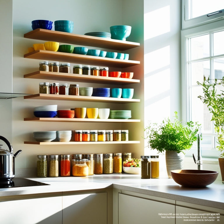 A bright, modern kitchen featuring sleek, wooden stacking shelves filled with colorful dishware, jars of spices, and potted herbs. Sunlight streams through a window, casting soft shadows and highlighting the organized chaos.